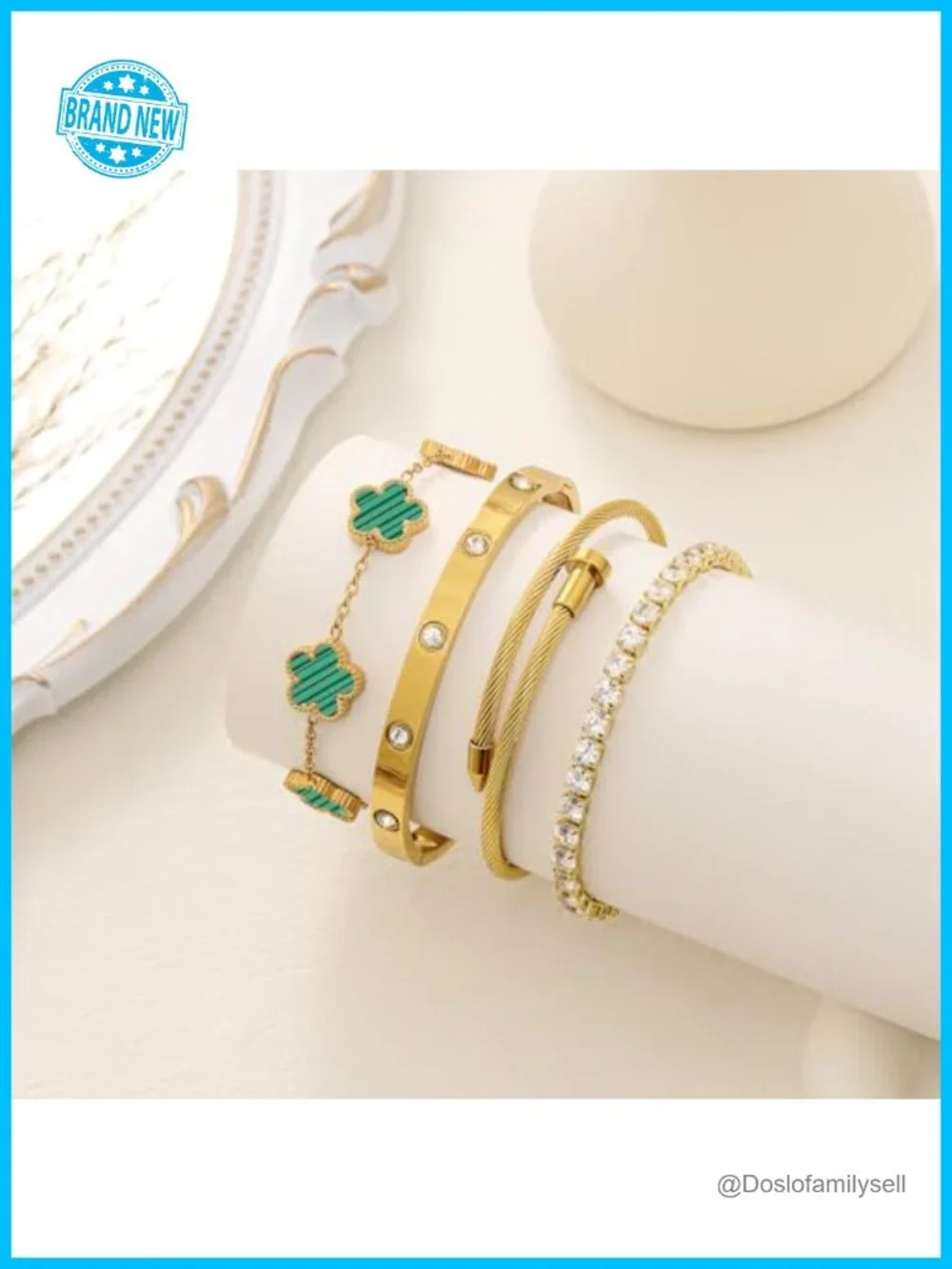 4 Pc Gold Plated Stackable Floral Bracelet Set with Crystals